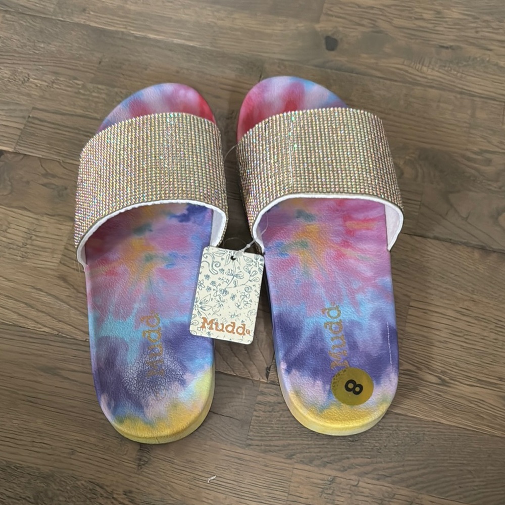 Women’s Mudd Colorful Tie-Dye Slides with Rhinestone Strap - NWT - Size 8